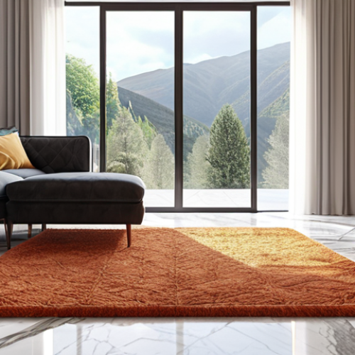 Home 23 **A brightly lit modern living room with a large window showcasing natural light, featuring a smooth marble floor and a warm woolen rug. 3D rendering, photorealistic.**