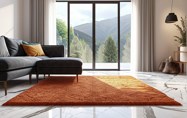 **A brightly lit modern living room with a large window showcasing natural light, featuring a smooth marble floor and a warm woolen rug. 3D rendering, photorealistic.**