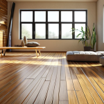 **A well-lit, modern interior showcasing a variety of material samples. Focus on contrasting textures and sustainable choices like bamboo flooring alongside sleek concrete. Include natural light streaming through a window to highlight the material variations.**