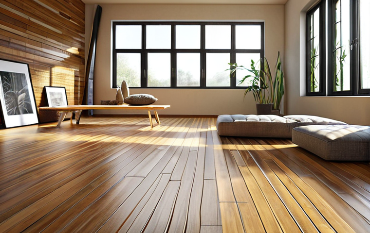 **A well-lit, modern interior showcasing a variety of material samples. Focus on contrasting textures and sustainable choices like bamboo flooring alongside sleek concrete. Include natural light streaming through a window to highlight the material variations.**