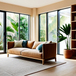 A serene, professional interior design showcasing sustainable materials in a bright, sunlit living space. Walls are finished with smooth, natural clay plaster. The floor is made of warm, light-toned cork. A large, bespoke bookshelf crafted from sustainably sourced wood fills one wall. Lush, vibrant green houseplants, including a tall Areca palm and smaller leafy plants, are thoughtfully placed throughout the room, creating a biophilic atmosphere. Abundant natural light pours in through large, unadorned windows, casting soft, natural shadows. The overall aesthetic is clean, modern, and inviting. Professional interior photography, high resolution, sharp focus, natural color palette, appropriate content, safe for work, family-friendly.