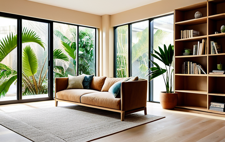 A serene, professional interior design showcasing sustainable materials in a bright, sunlit living space. Walls are finished with smooth, natural clay plaster. The floor is made of warm, light-toned cork. A large, bespoke bookshelf crafted from sustainably sourced wood fills one wall. Lush, vibrant green houseplants, including a tall Areca palm and smaller leafy plants, are thoughtfully placed throughout the room, creating a biophilic atmosphere. Abundant natural light pours in through large, unadorned windows, casting soft, natural shadows. The overall aesthetic is clean, modern, and inviting. Professional interior photography, high resolution, sharp focus, natural color palette, appropriate content, safe for work, family-friendly.
