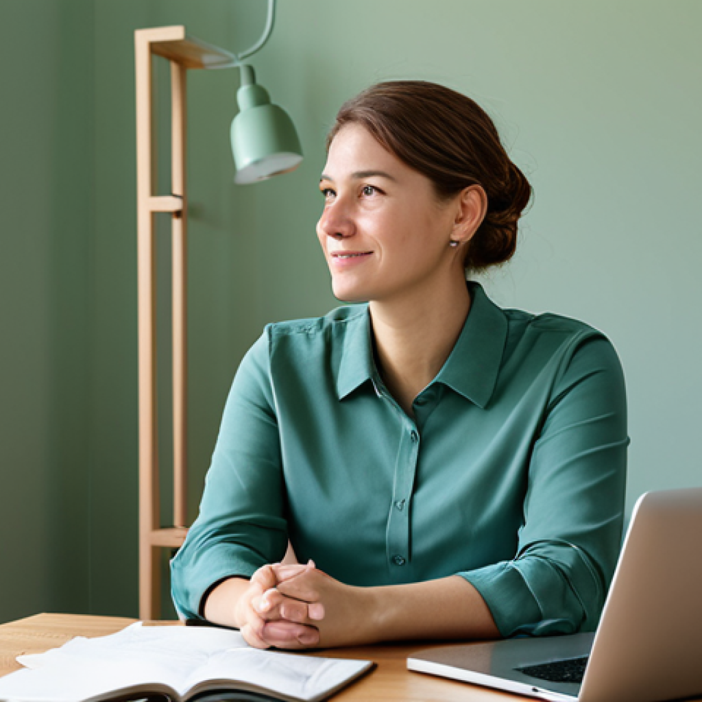 A professional adult in a modest business casual outfit, seated at a modern Dutch-style home office desk, focusing on a laptop. The room features walls painted in a calming soft sage green, with subtle muted blue decorative accents and natural wooden furniture. Abundant natural light streams through a large window. professional photography, high resolution, soft diffused lighting, perfect anatomy, correct proportions, well-formed hands, proper finger count, natural pose, fully clothed, appropriate attire, modest clothing, safe for work, appropriate content, family-friendly.