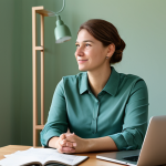 A professional adult in a modest business casual outfit, seated at a modern Dutch-style home office desk, focusing on a laptop. The room features walls painted in a calming soft sage green, with subtle muted blue decorative accents and natural wooden furniture. Abundant natural light streams through a large window. professional photography, high resolution, soft diffused lighting, perfect anatomy, correct proportions, well-formed hands, proper finger count, natural pose, fully clothed, appropriate attire, modest clothing, safe for work, appropriate content, family-friendly.