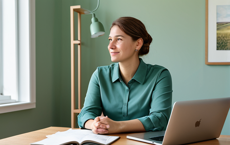 A professional adult in a modest business casual outfit, seated at a modern Dutch-style home office desk, focusing on a laptop. The room features walls painted in a calming soft sage green, with subtle muted blue decorative accents and natural wooden furniture. Abundant natural light streams through a large window. professional photography, high resolution, soft diffused lighting, perfect anatomy, correct proportions, well-formed hands, proper finger count, natural pose, fully clothed, appropriate attire, modest clothing, safe for work, appropriate content, family-friendly.